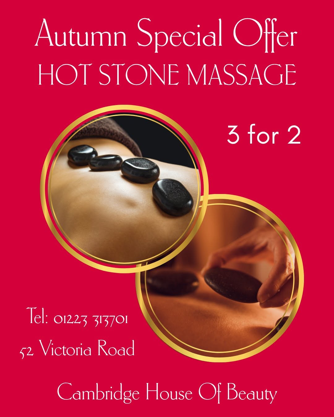 Autumn special offer: hot stone massage, 3 for 2. Book online.